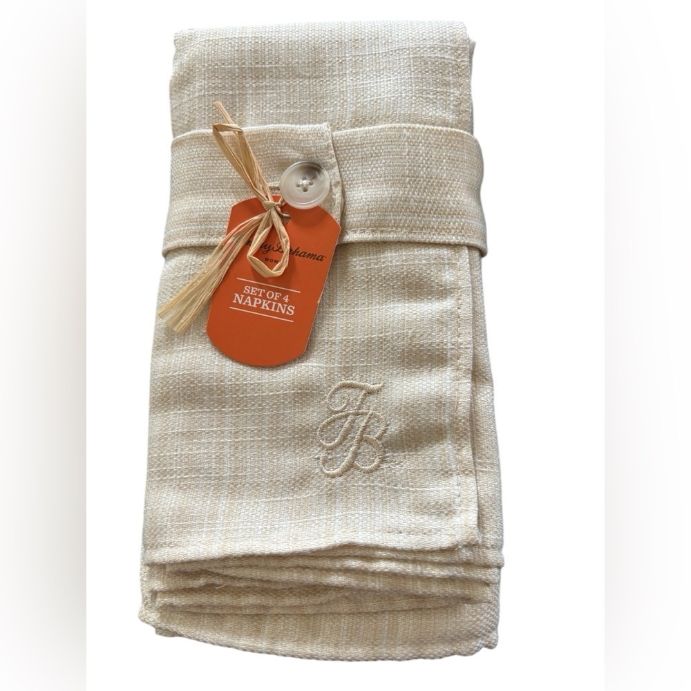 Tommy Bahama Logo Beige White Classic Set of 4 Dinner Napkins Square Holiday